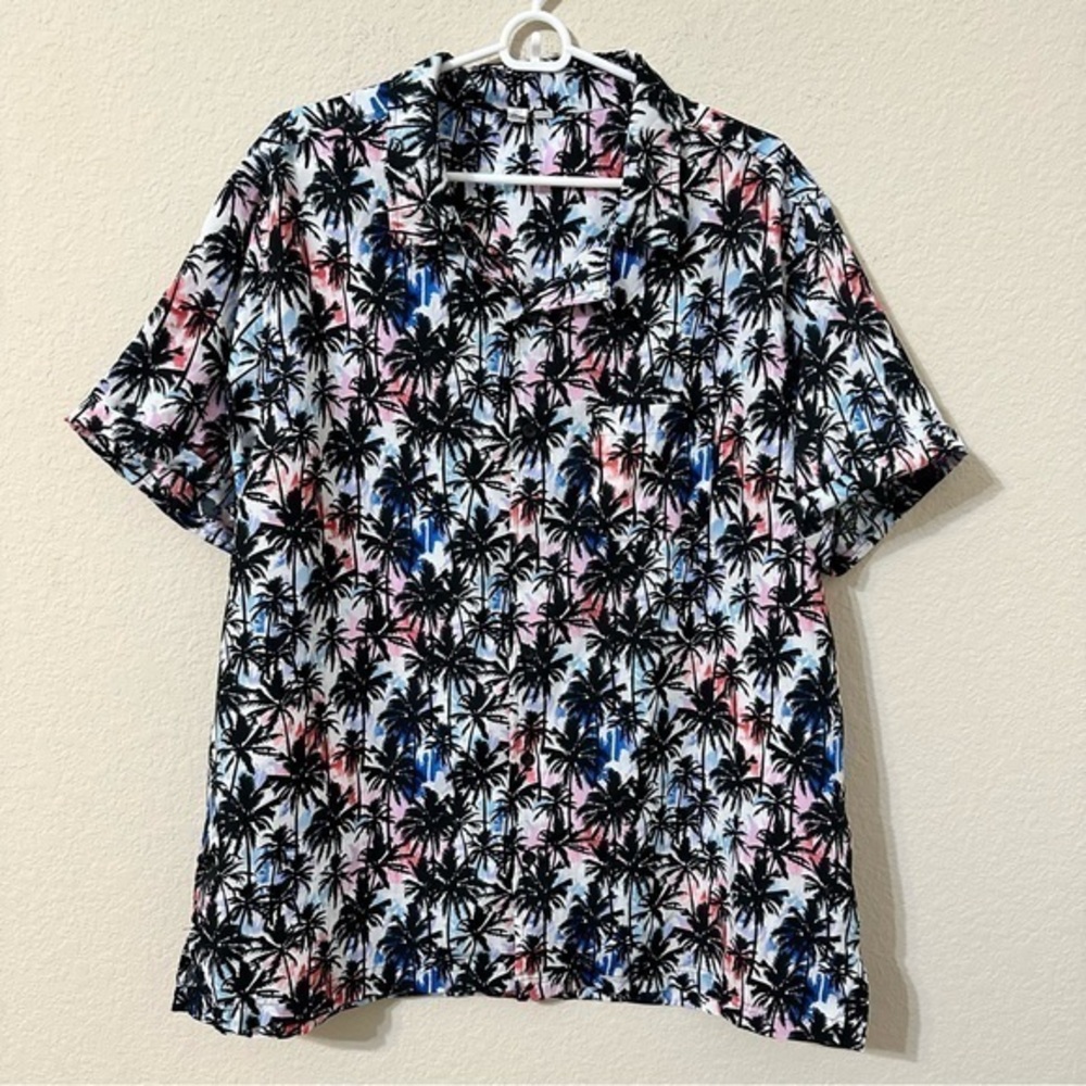 Amscan Hawaiian Shirt Short Sleeve Hawaii Palm Trees Black Tie Dye Button Down